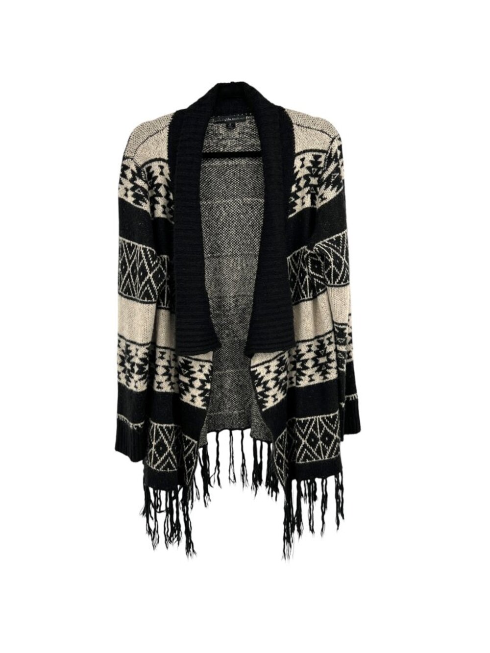 United States Sweaters Black Beige Open Cardigan Large Fringe Hem Aztec Boho